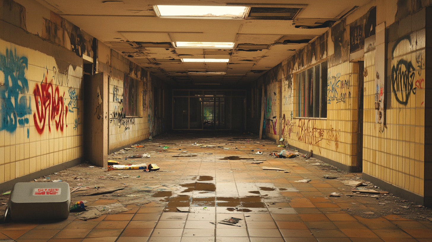 Abandoned French apartment block with disheveled individuals