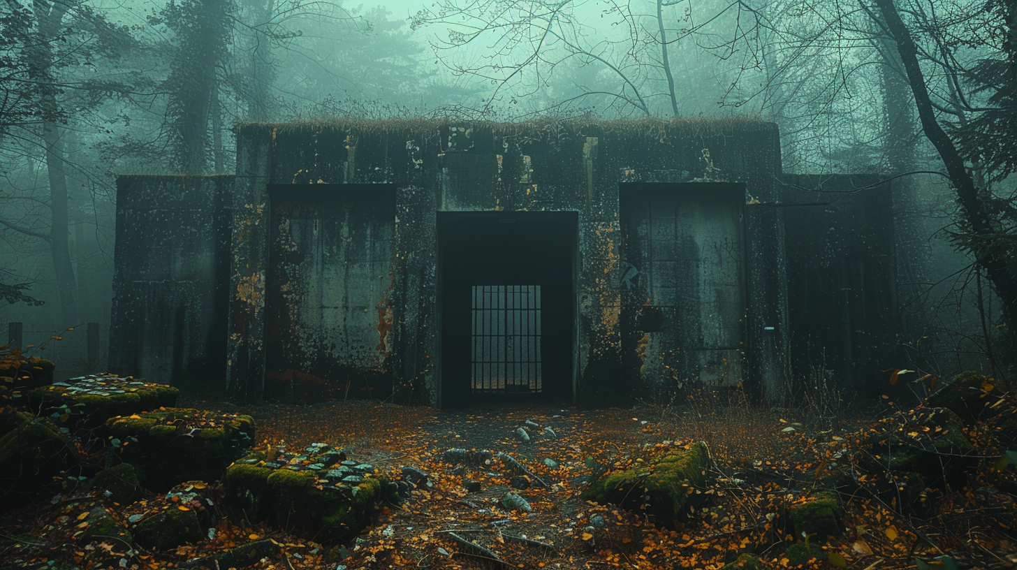 Abandoned bunker in woods, overgrown with moss, ivy.