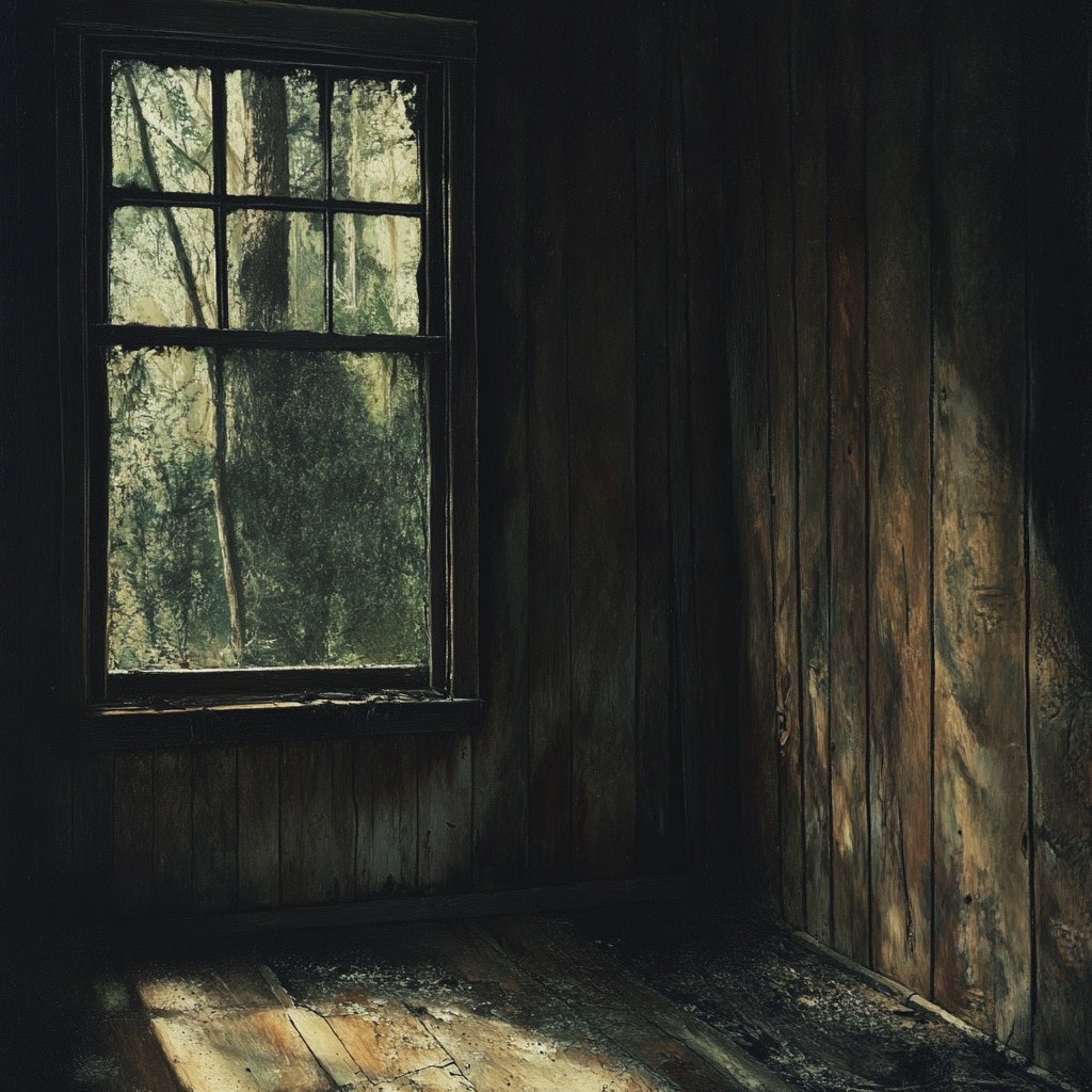 Abandoned cabin in dark forest with moldy walls.