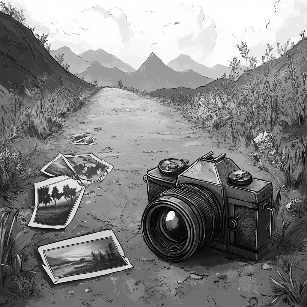 Abandoned camera on dusty road with exotic photos