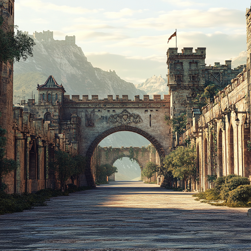 Abandoned castle with mix Italian-Chinese architecture, empty street. Fontanes.