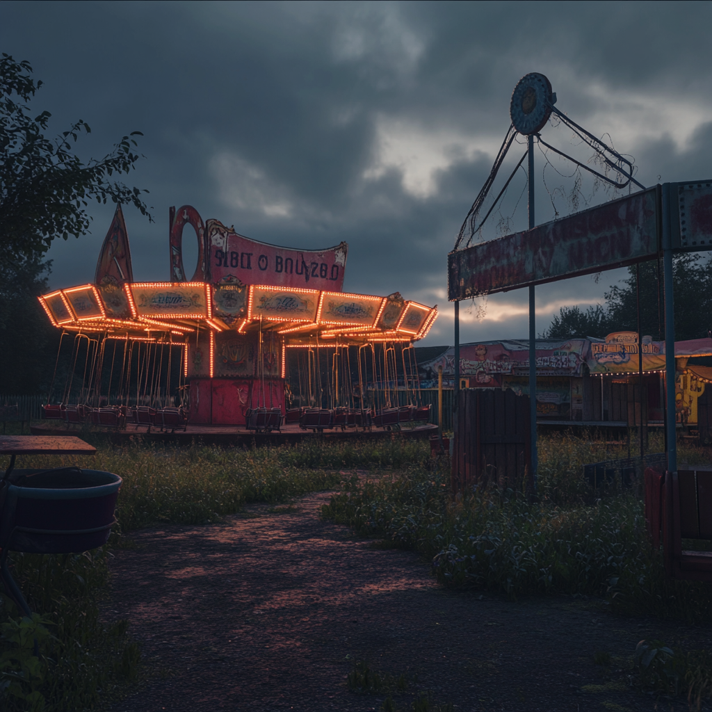 Abandoned fairground at dusk, rusting rides, long shadows