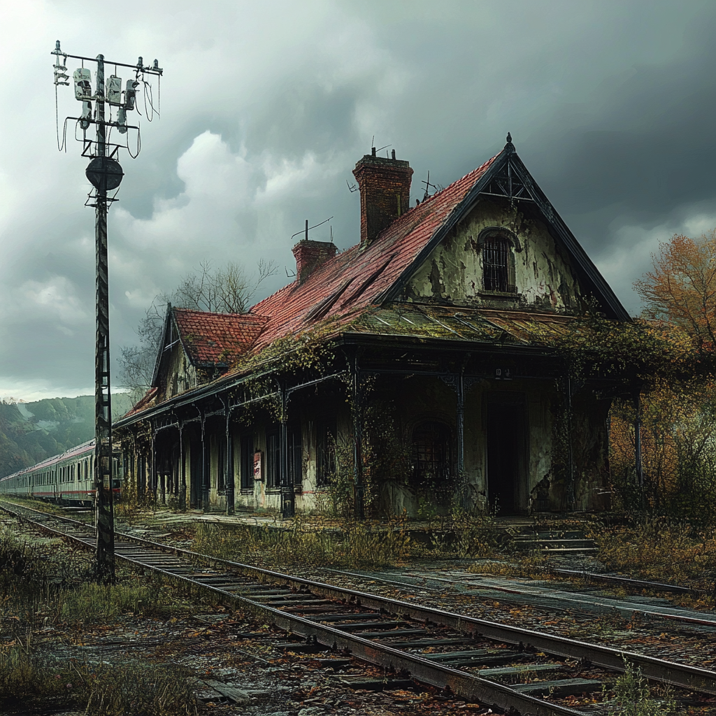 Abandoned gas station, nostalgic storyteller, magazine cover.