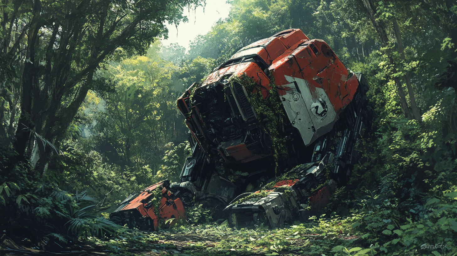 Abandoned giant robot in forest, quiet place, nature-covered.