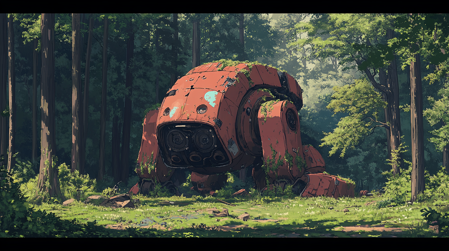 Abandoned giant robot in forest, surrounded by nature, peaceful.