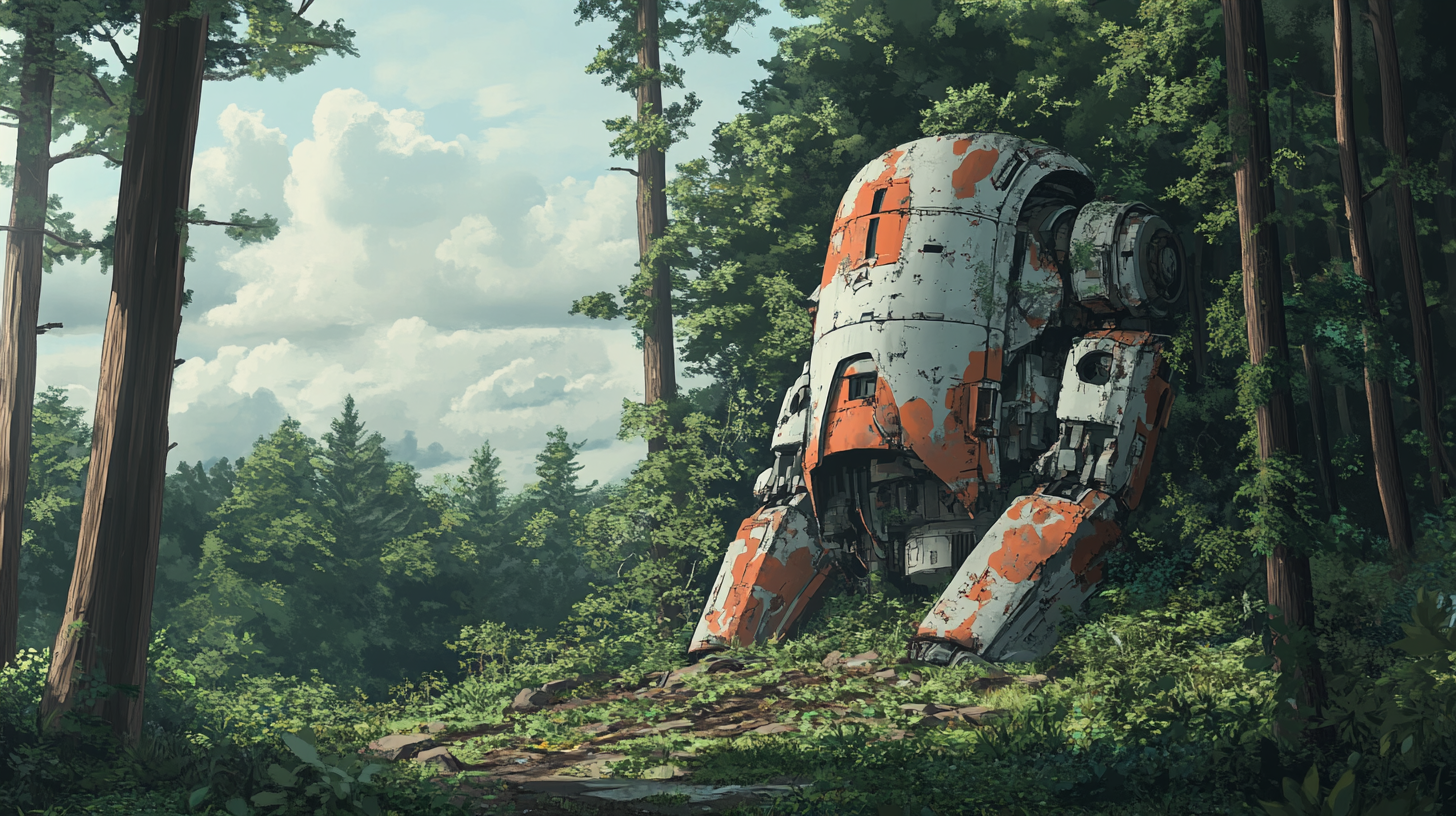 Abandoned giant robot in forest, transformer style, nature covered.