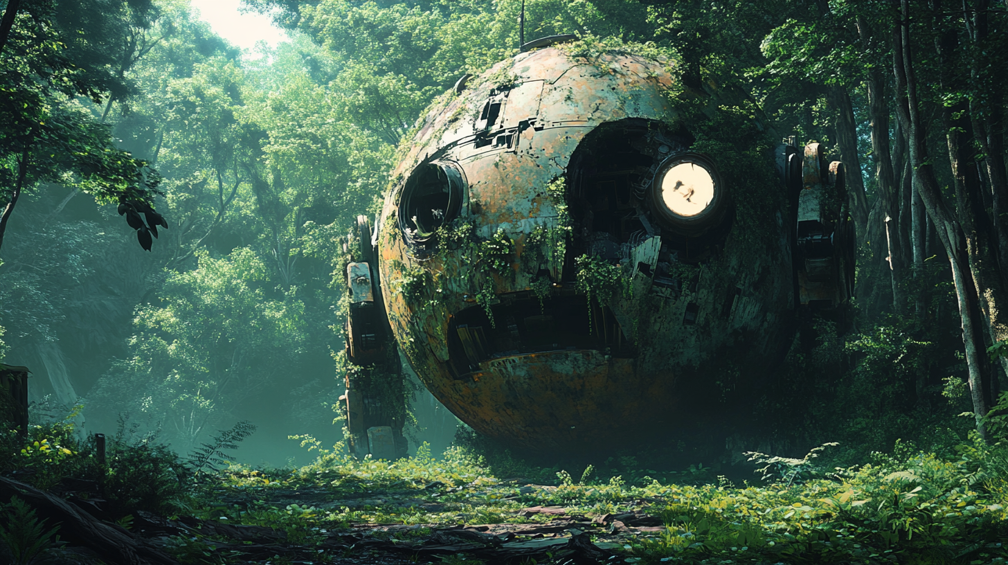 Abandoned giant robot in forest with glowing eyes.