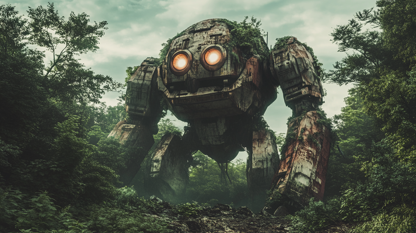 Abandoned giant robot in forest with illuminated eyes.