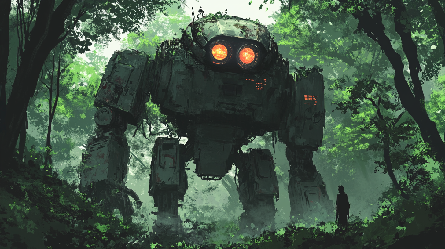 Abandoned giant robot in forest with nature covering.