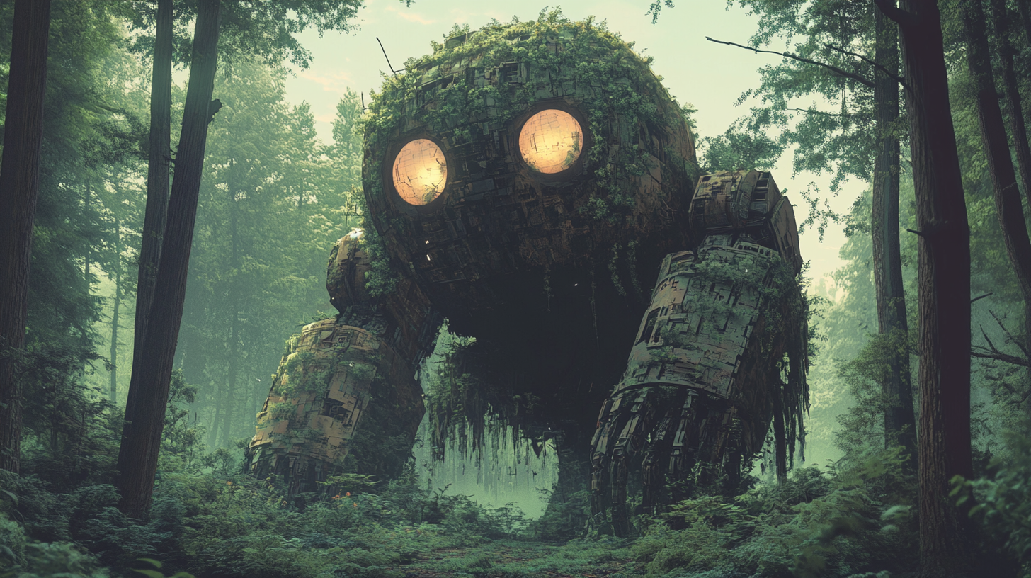 Abandoned giant robot with illuminated eyes in forest.