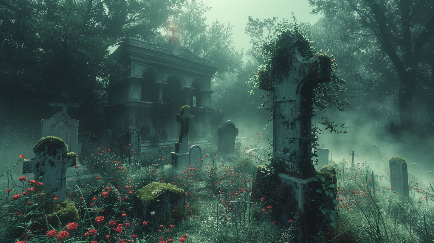 Abandoned graveyard in forest with old tombstones.