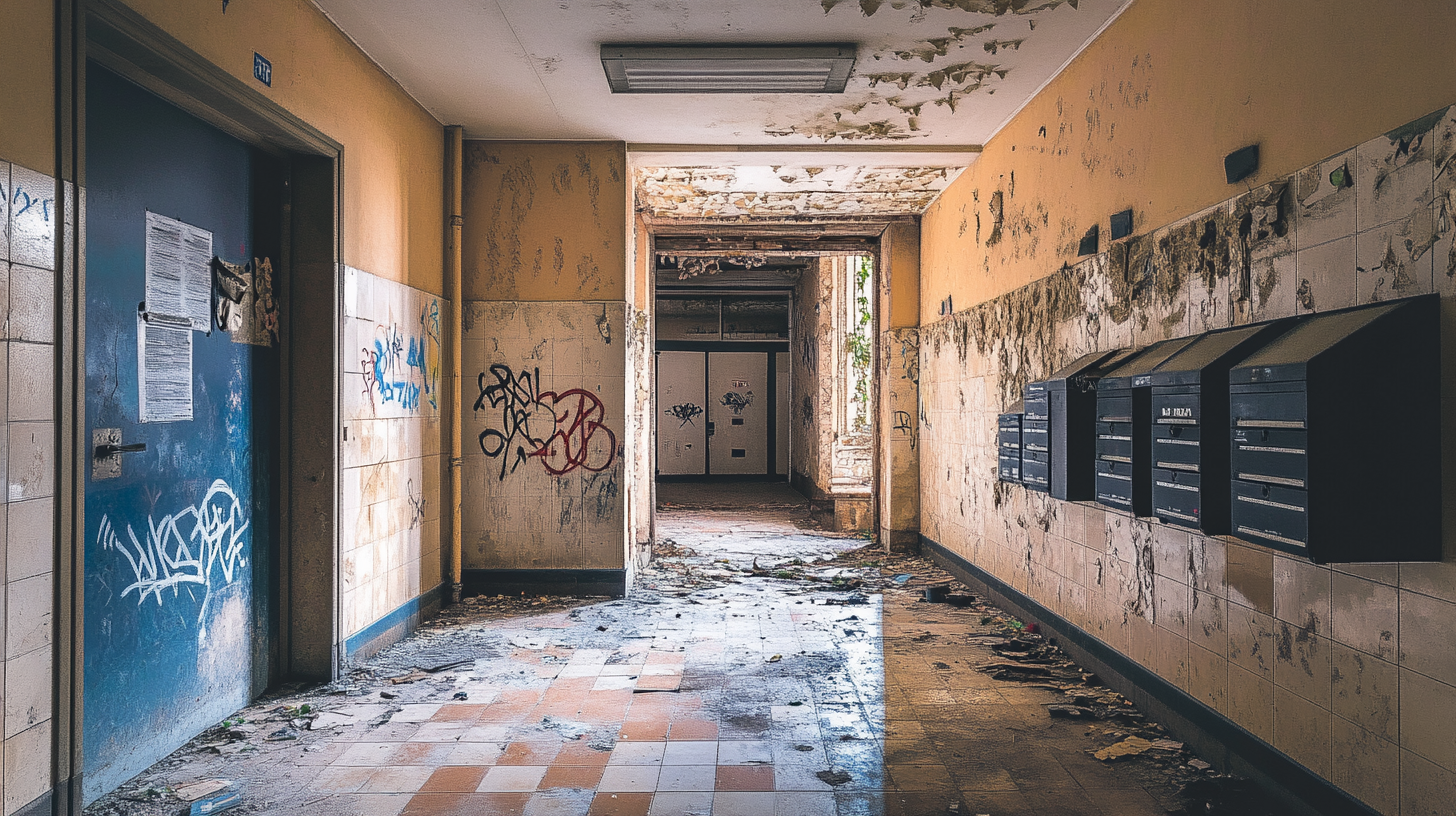 Abandoned high-rise entrance hall in French city