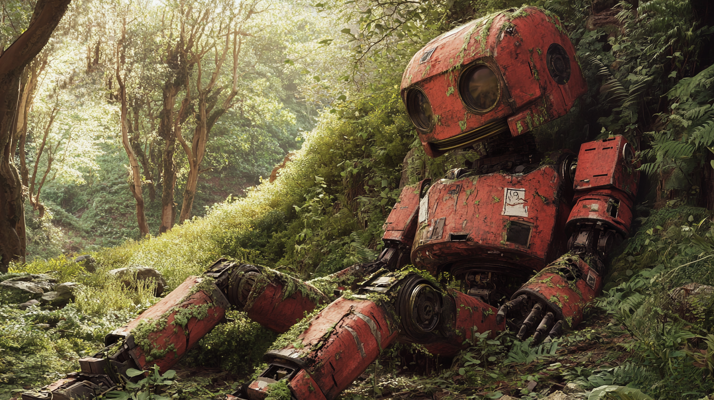 Abandoned humanoid robot in forest with nature covering it.