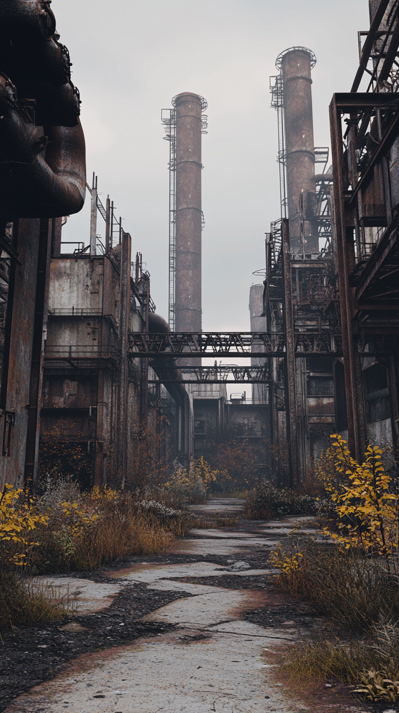 Abandoned industrial complex in dystopian setting with rusted metal.