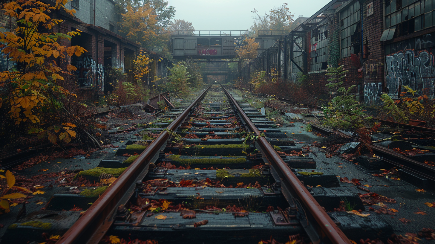 Abandoned industrial district with old train tracks, graffiti.