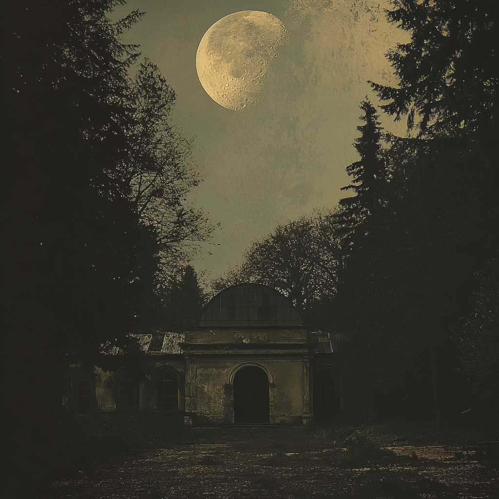 Abandoned laboratory in dark woods, eerie moonlight. 