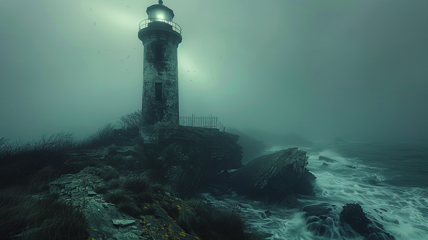 Abandoned lighthouse on rocky shore, crumbling tower, broken windows.