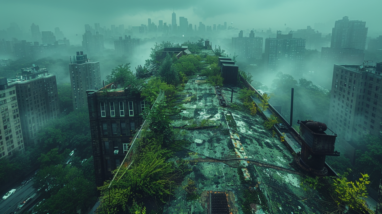 Abandoned skyscraper rooftop garden with overgrown wild vegetation.