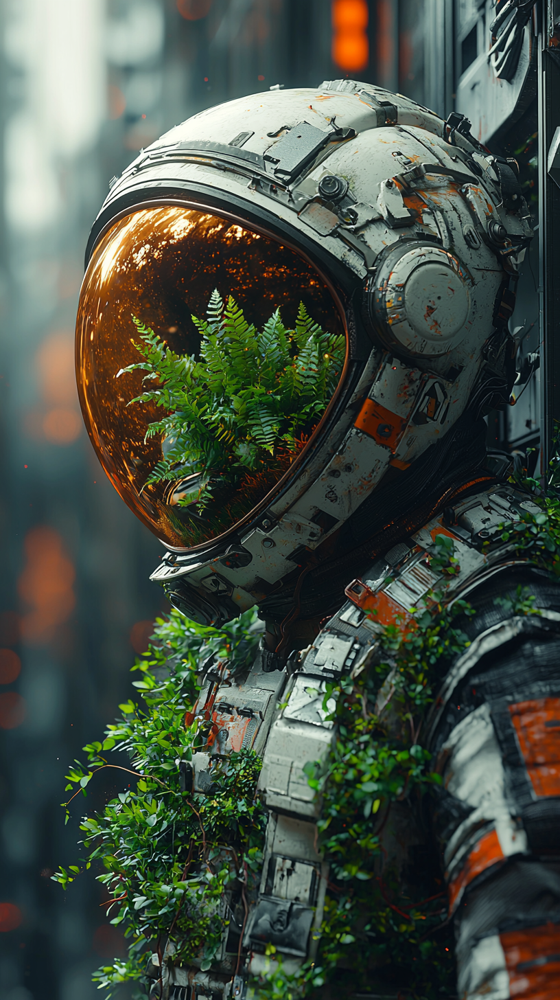 Abandoned space ship with plant inside helmet.