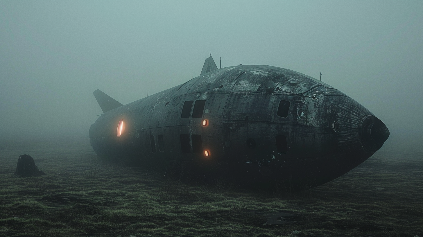 Abandoned spaceship in foggy field with distant lights.