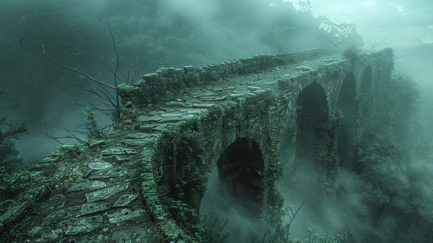 Abandoned stone bridge in mountains covered in moss.