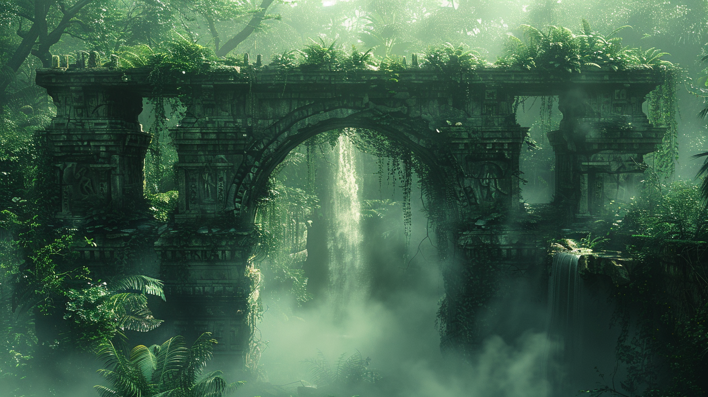 Abandoned stone bridge in rainforest overgrown with vegetation.