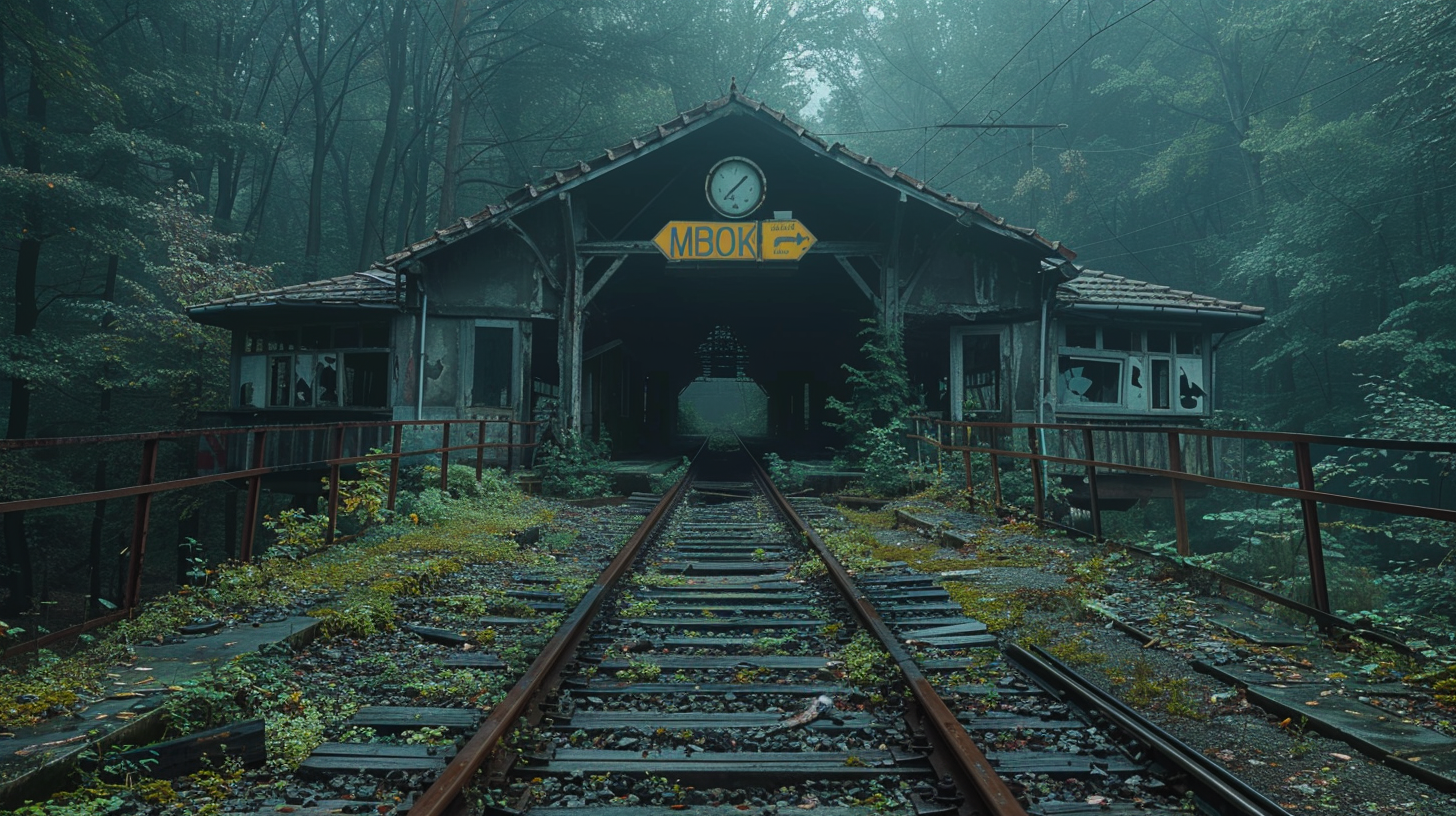 Abandoned train station in woods, nature reclaiming structure.