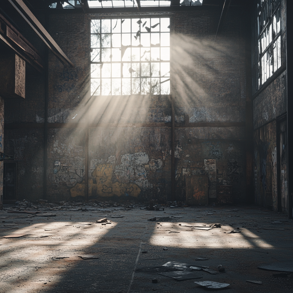 Abandoned warehouse with crumbling walls, broken windows, graffiti.