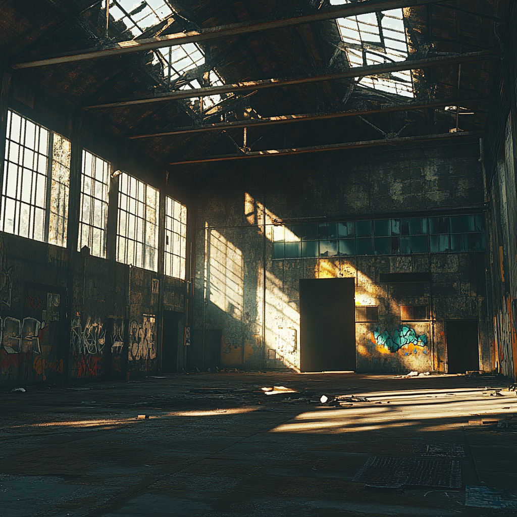 Abandoned warehouse with crumbling walls and broken windows.