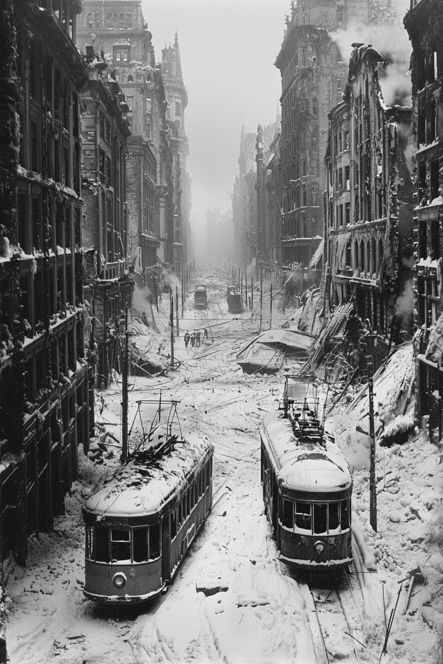 Abandoned winter street with ruined trams, snow, futuristic.