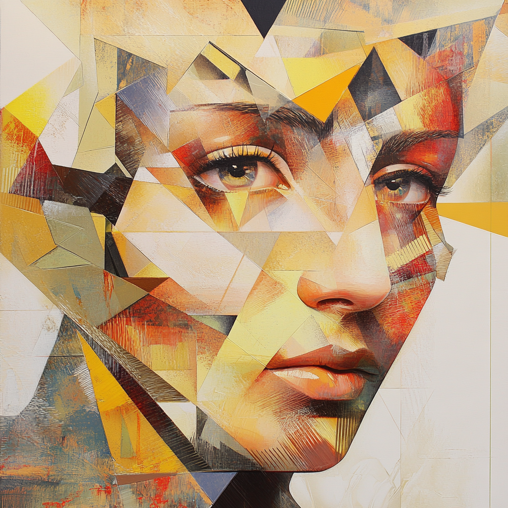 Abstract, fragmented portrait of woman's face with angular shapes.