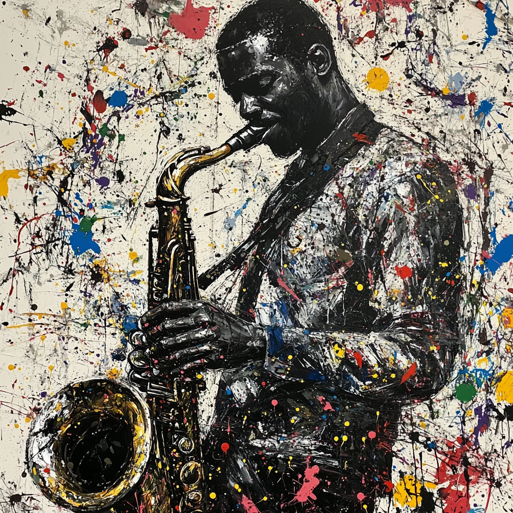 Abstract African saxophone player in detailed paint splatter