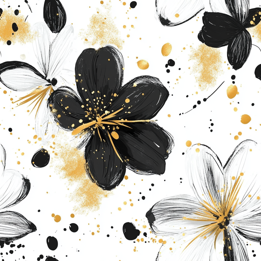 Abstract Boho Flowers Pattern with Gold Splashes