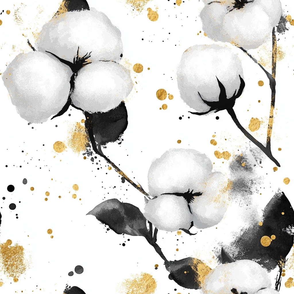 Abstract Cotton Flower Pattern with Golden Splashes