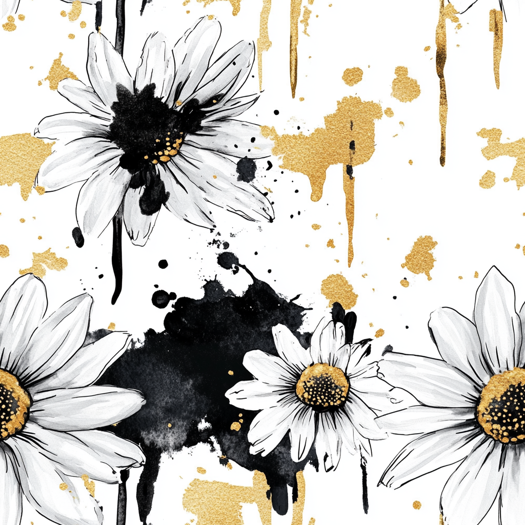 Abstract Daisy Pattern with Gold Splashes