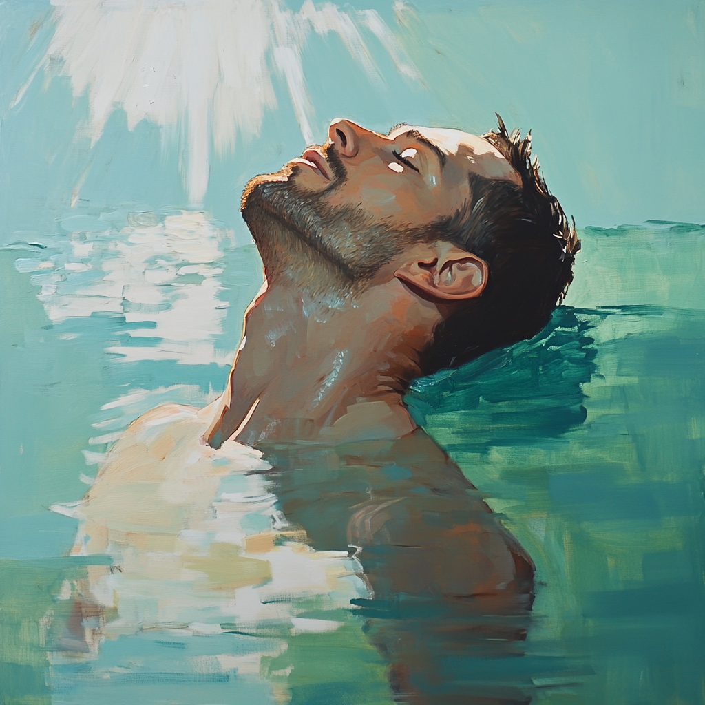 Abstract French Style Painting of Middle-Aged Man in Water