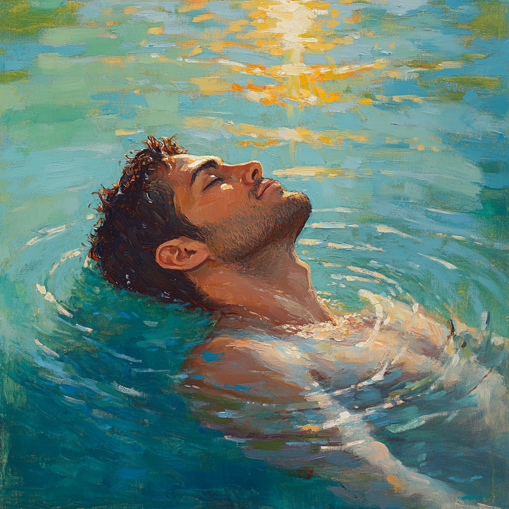 Abstract French Style Painting: Middle-Aged Man in Water