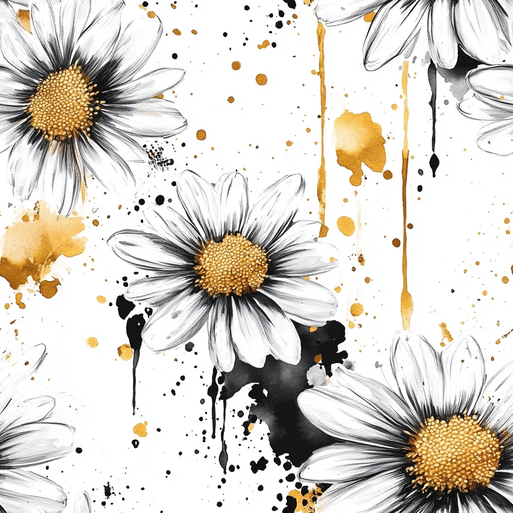 Abstract Gerbera Pattern with Gold Oil Splashes