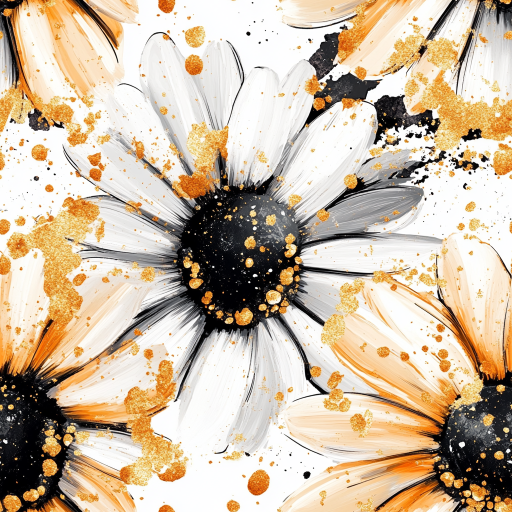 Abstract Gerbera Pattern with Golden Paint Splashes