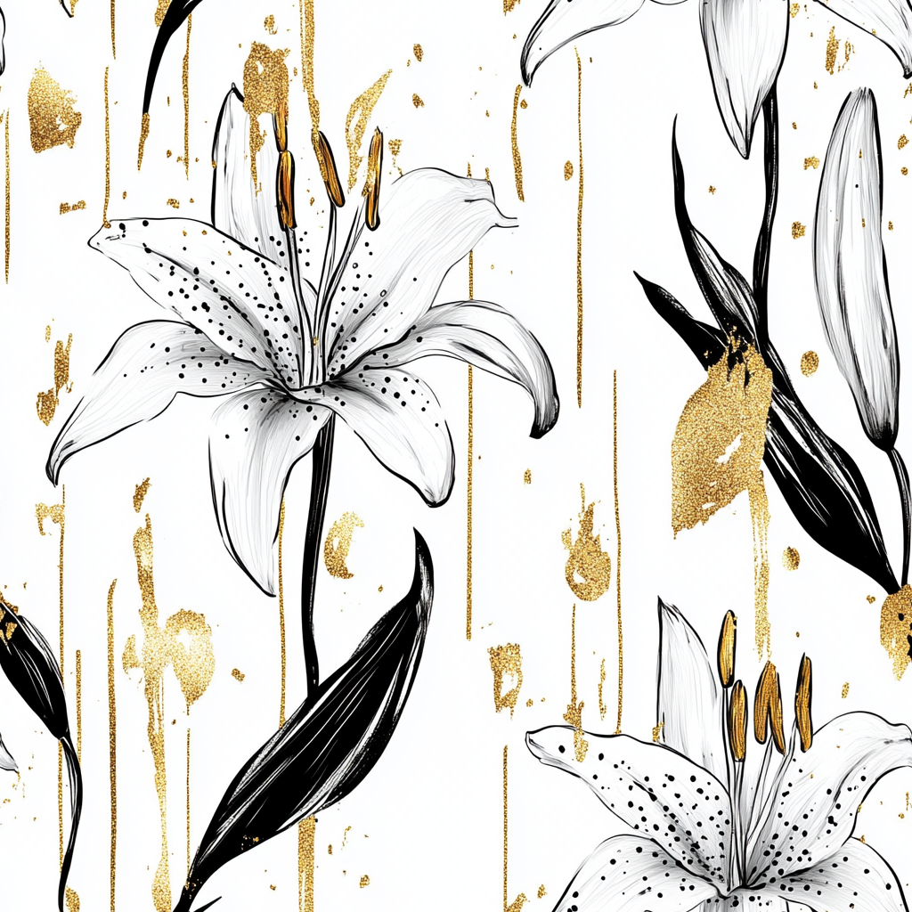 Abstract Lilies Pattern with Gold Splashes