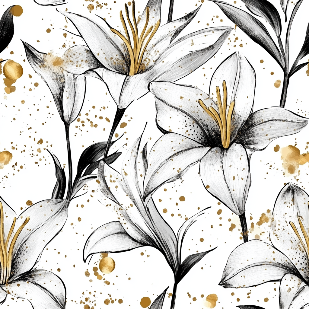 Abstract Lily Pattern with Golden Paint Splashes