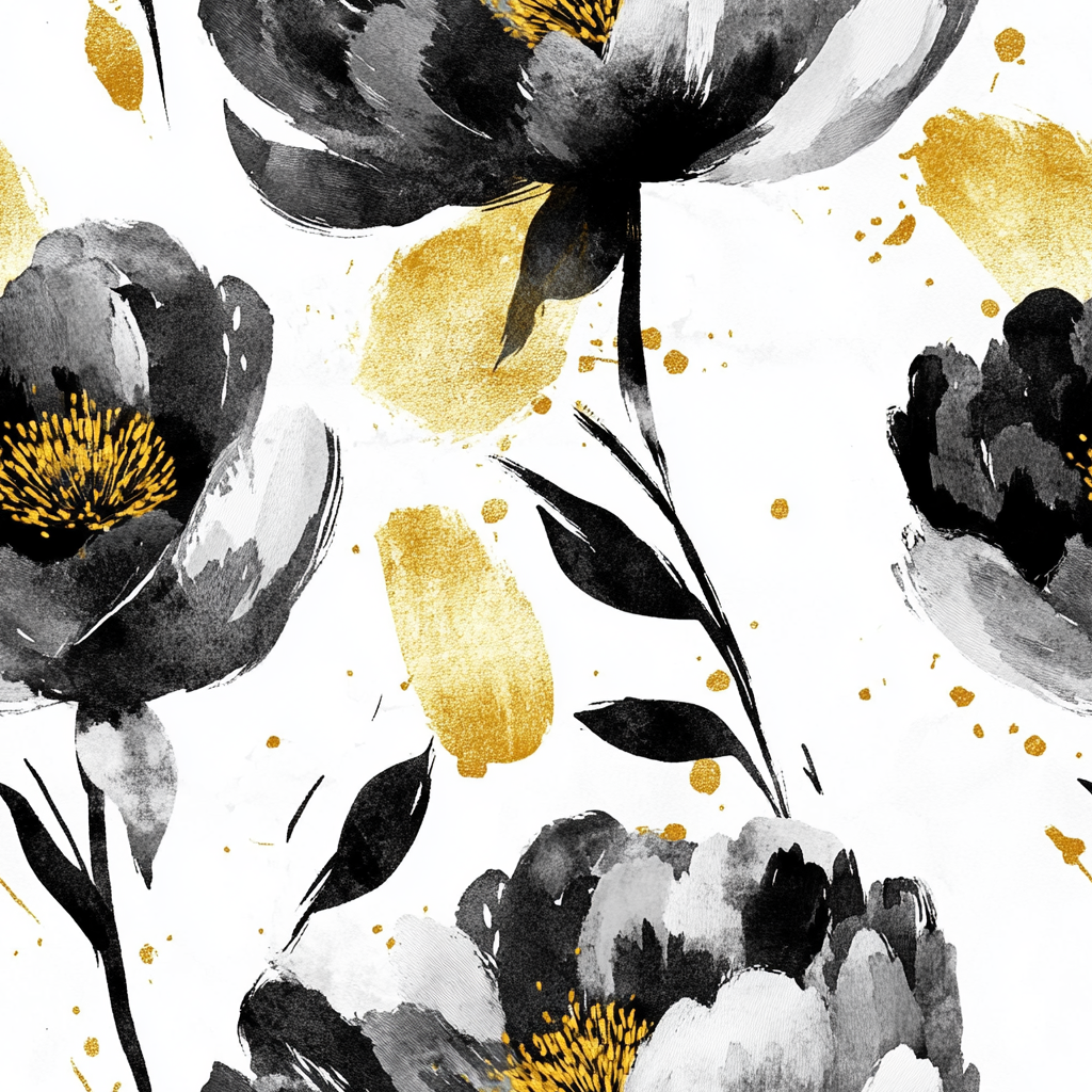 Abstract Peonies Pattern with Gold Splashes