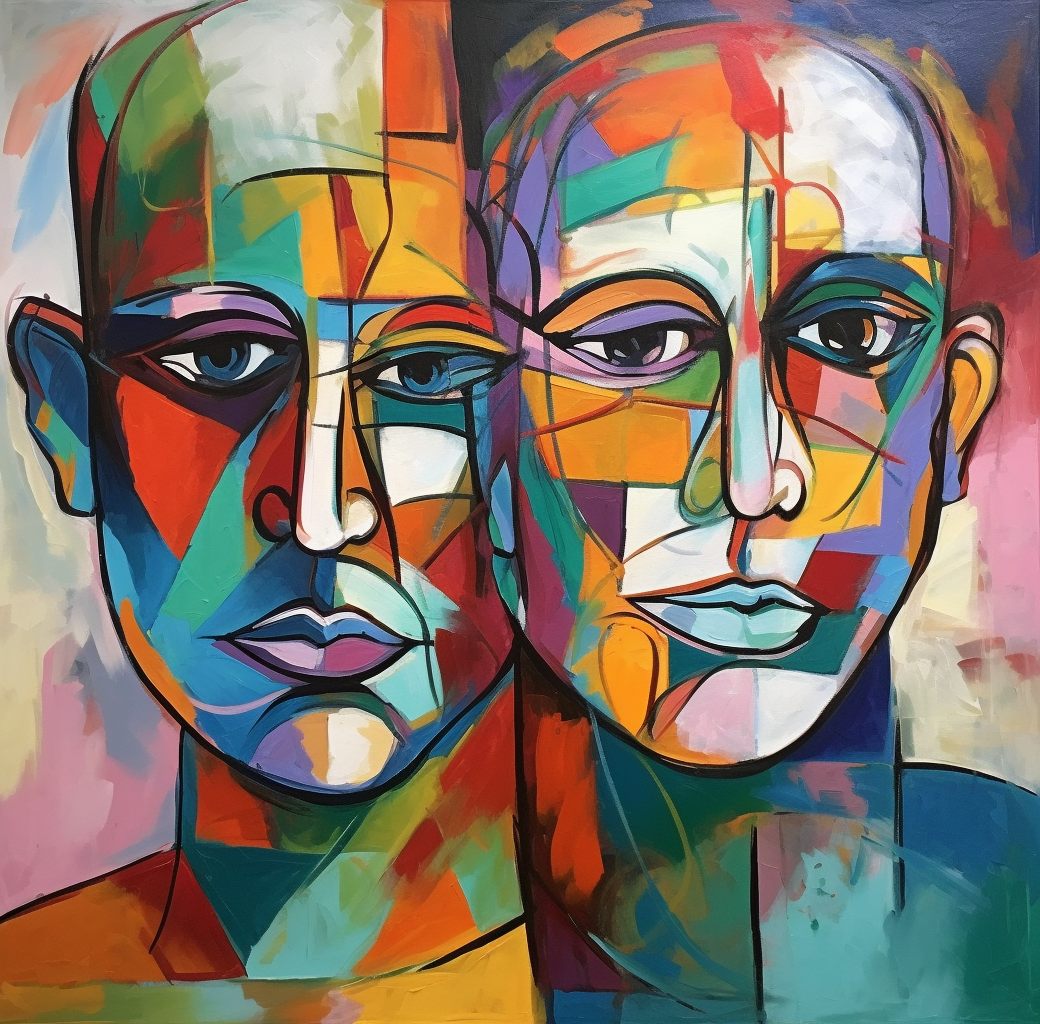 Abstract Picasso-style oil painting of male & female faces.