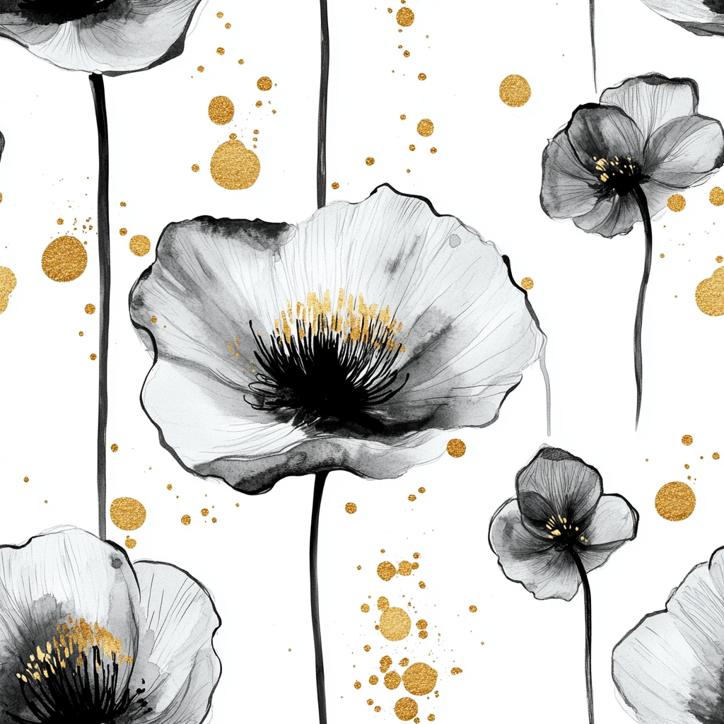 Abstract Poppies Pattern with Golden Splashes