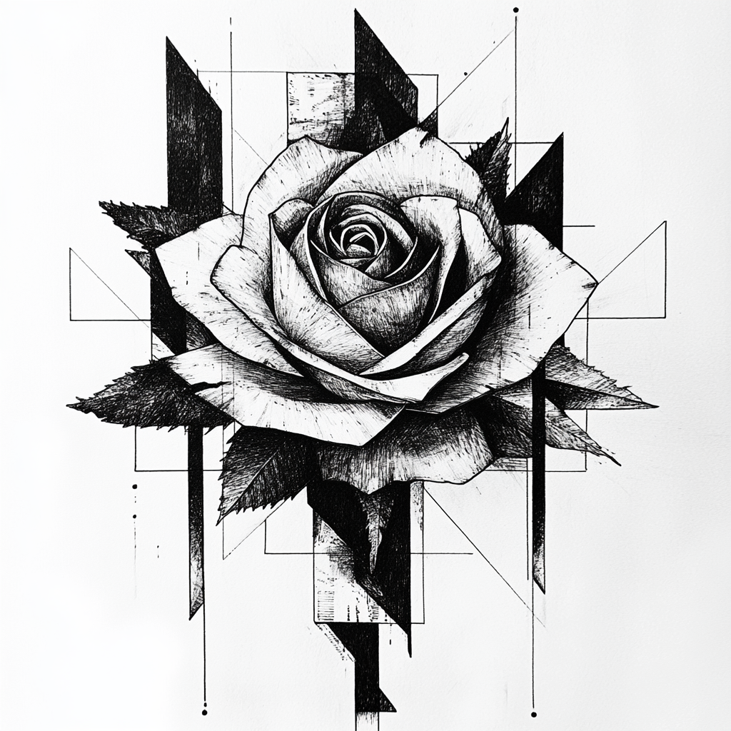 Abstract Rose Tattoo Drawing with Geometric Shapes