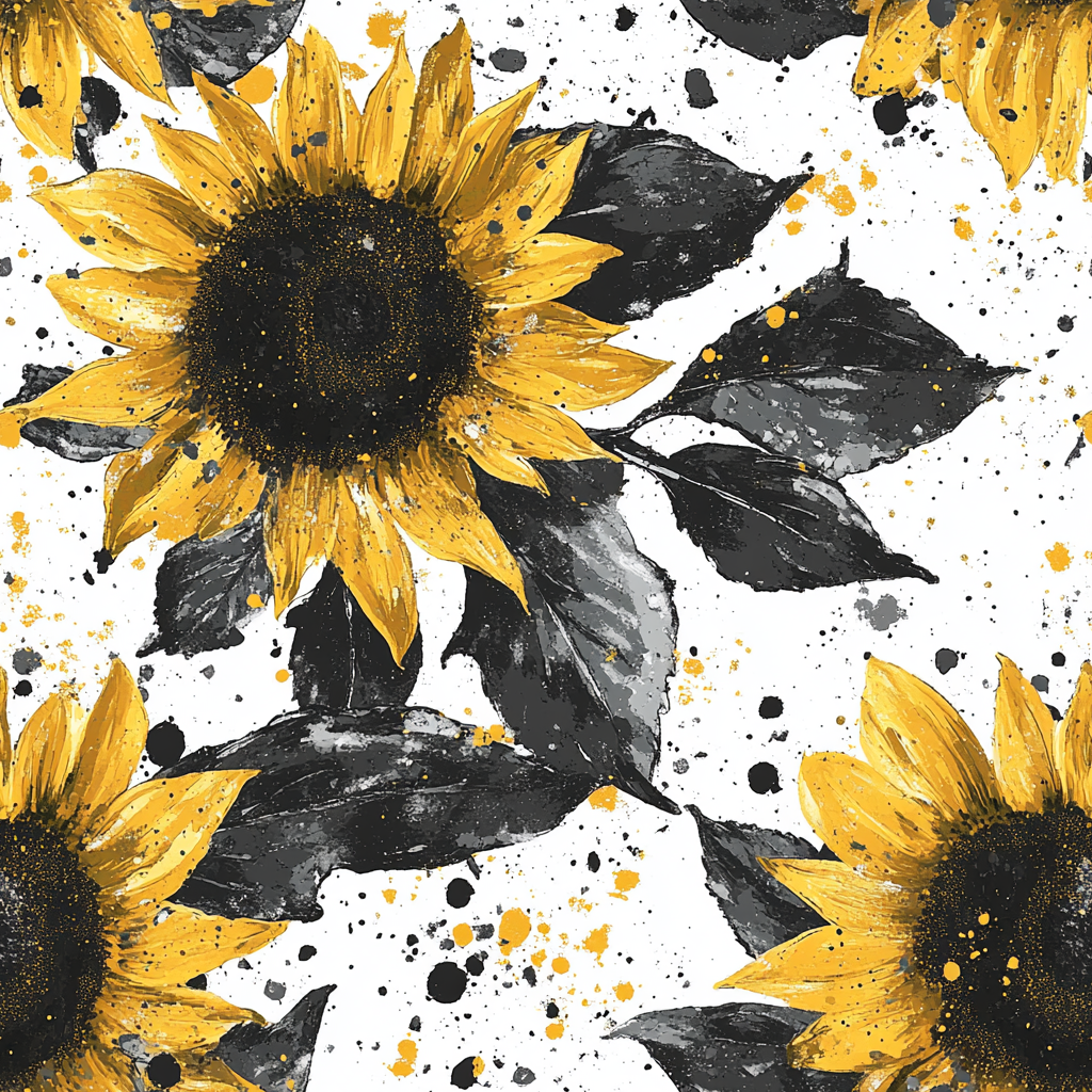 Abstract Sunflower Pattern with Gold Splashes