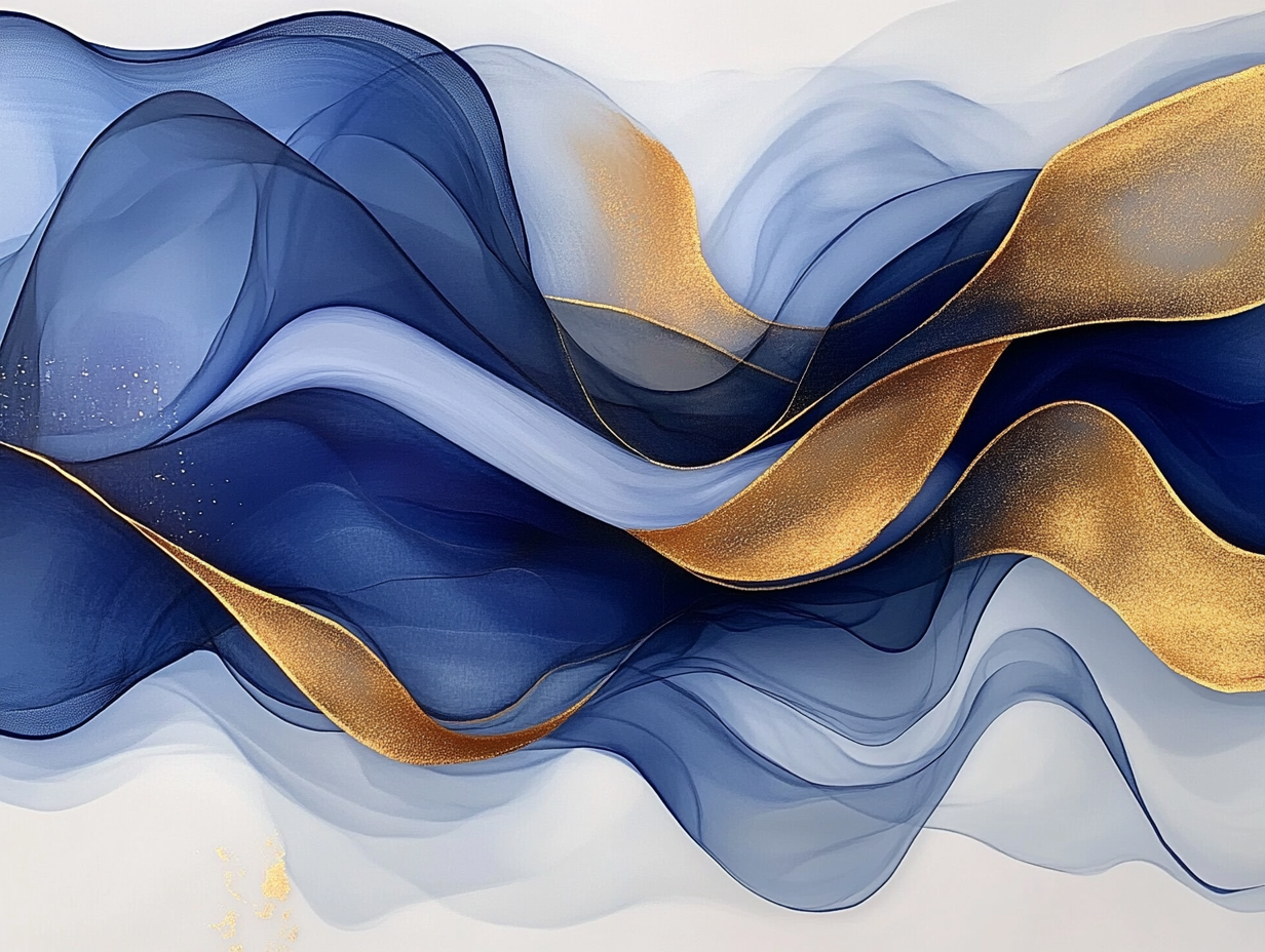 Abstract art with flowing lines in blue, gold, white