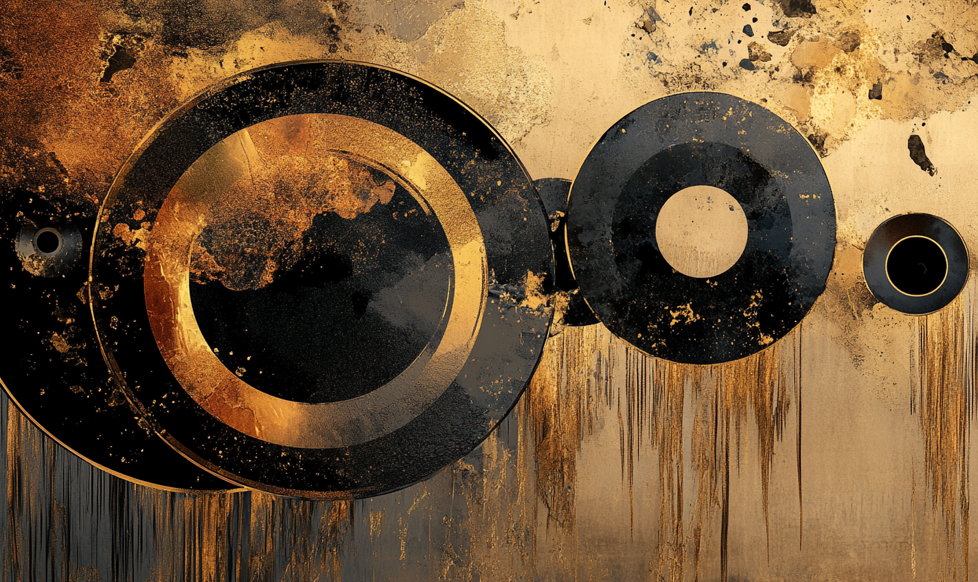 Abstract artwork: enso circles become ouroboros in liquid gold.