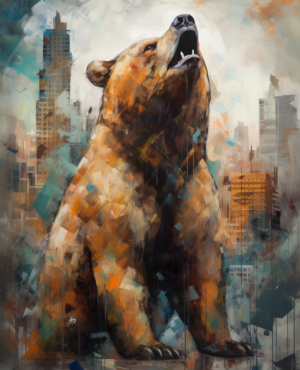 Abstract bear standing, city background, oil paint on canvas.