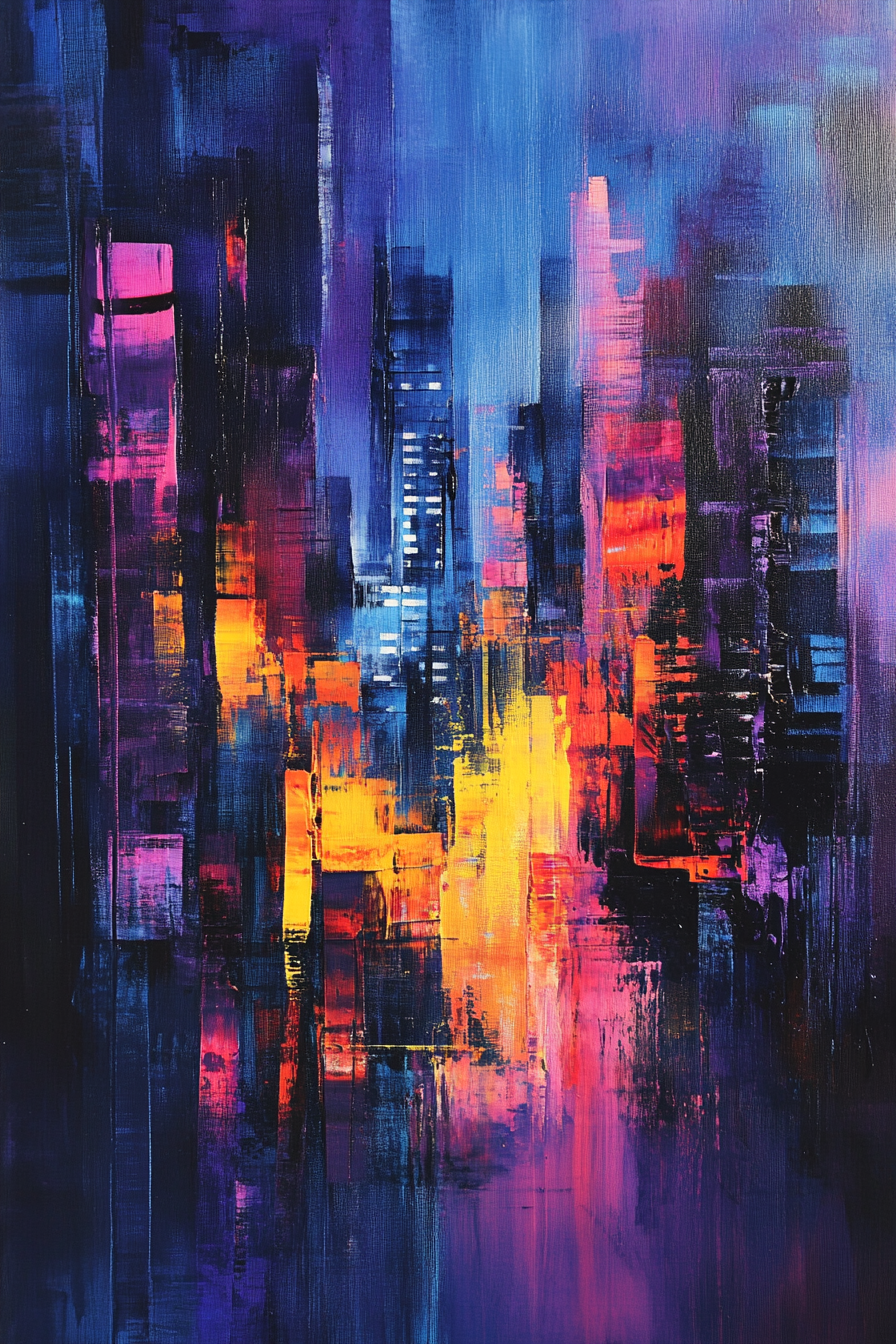 Abstract canvas of bustling cityscape at dusk. Energy, elegance.